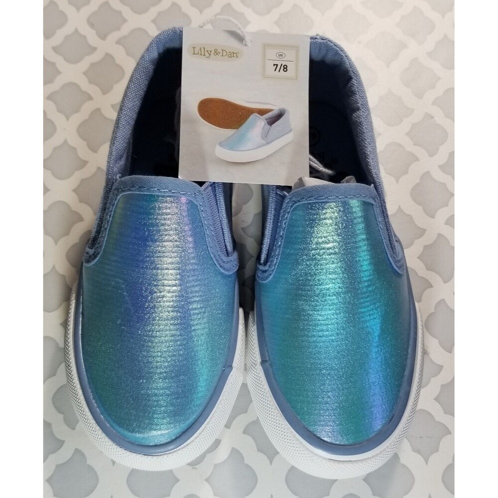 Kid's Slip-On Sneakers Memory Foam Canvas Blue Shimmer Size 7/8 NEW Lily & Dan